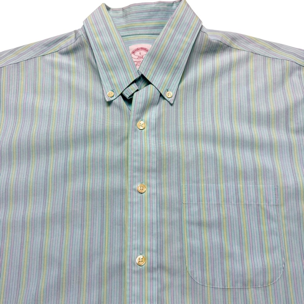 Brooks Brothers 346 Shirt Mens Large Green Stripe Non Iron‎ Short Sleeve